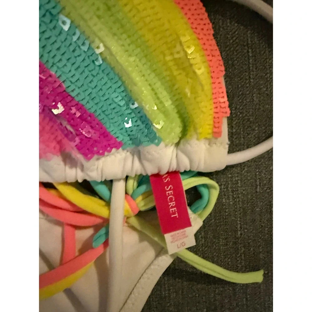 Vintage Victoria's Secret Y2K Rainbow Sequin Chevron Bikini Set L‎ Top S Bottom